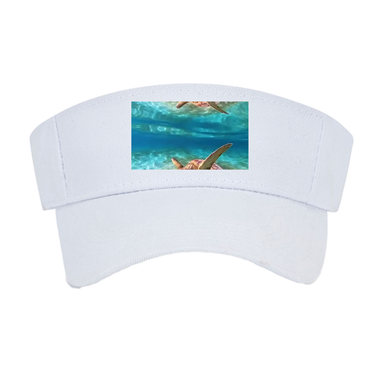 Sea turtles swim gracefully in clear blue waters, one near the surface and one gliding over sandy ocean floor. -  Visor cap