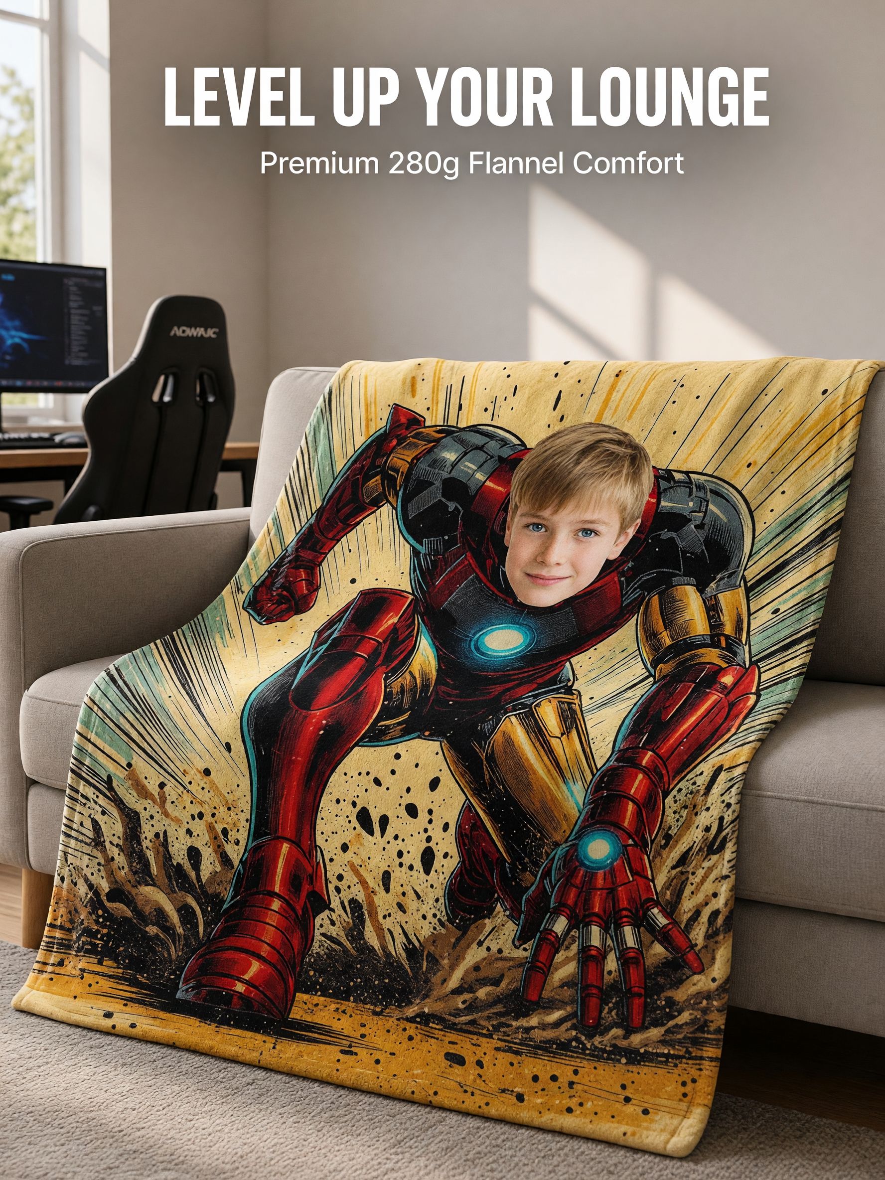Custom Superhero Face Blanket, Personalized Comic Photo Flannel Fleece Throw, Ultra Soft Cozy Gift for Bed and Couch