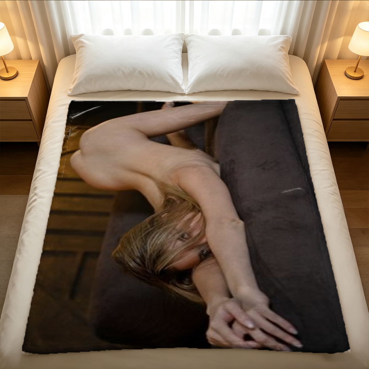 Blonde in sheer pink lace bra with spider tattoo - Blanket