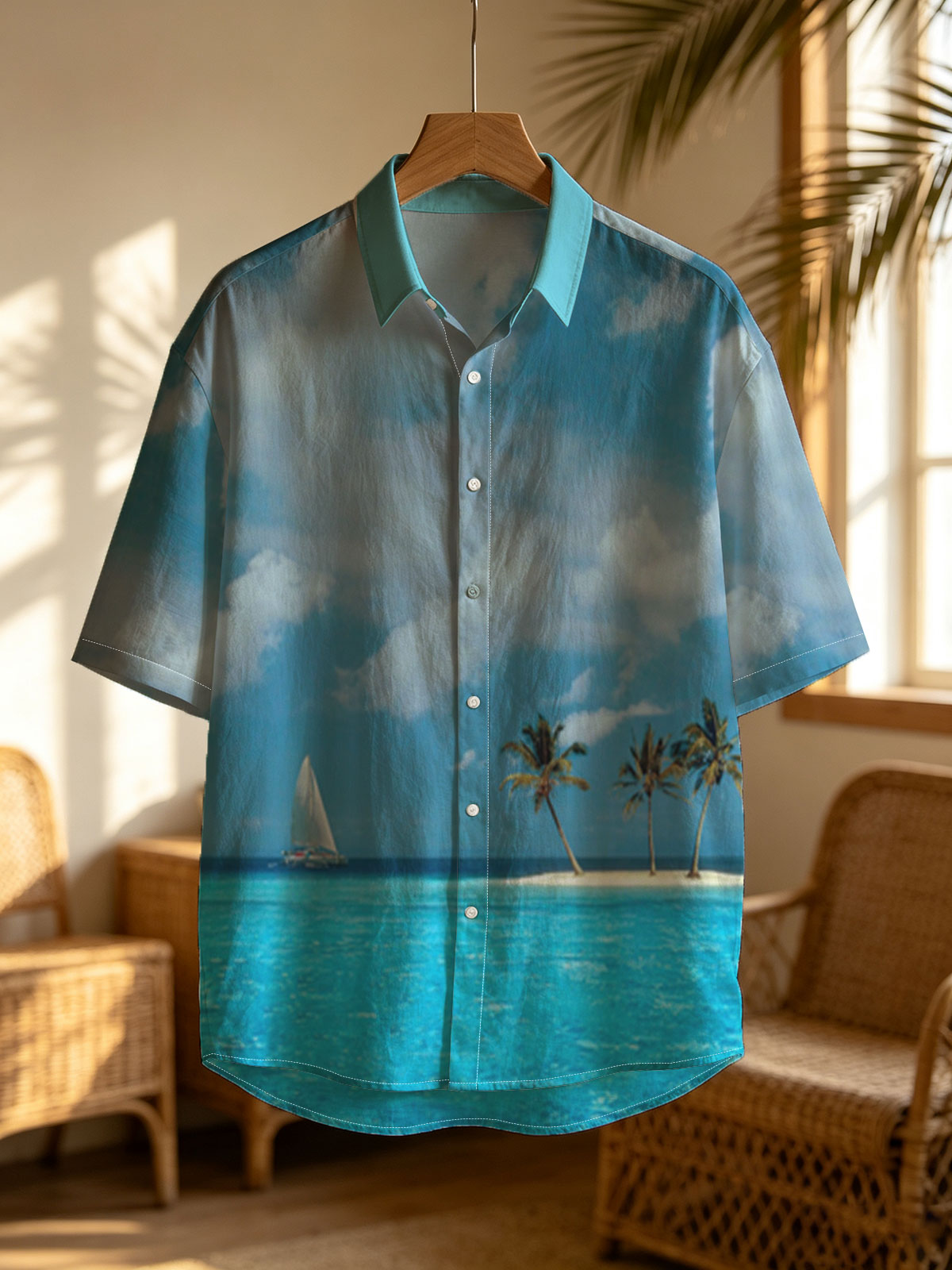 Sailboat near tropical island with palm trees under blue sky -  Shirt