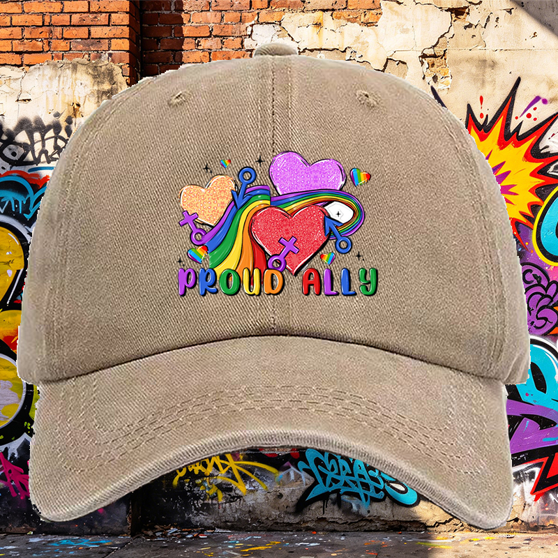 Men's Printed Washed Cap with Rainbow Hearts and 