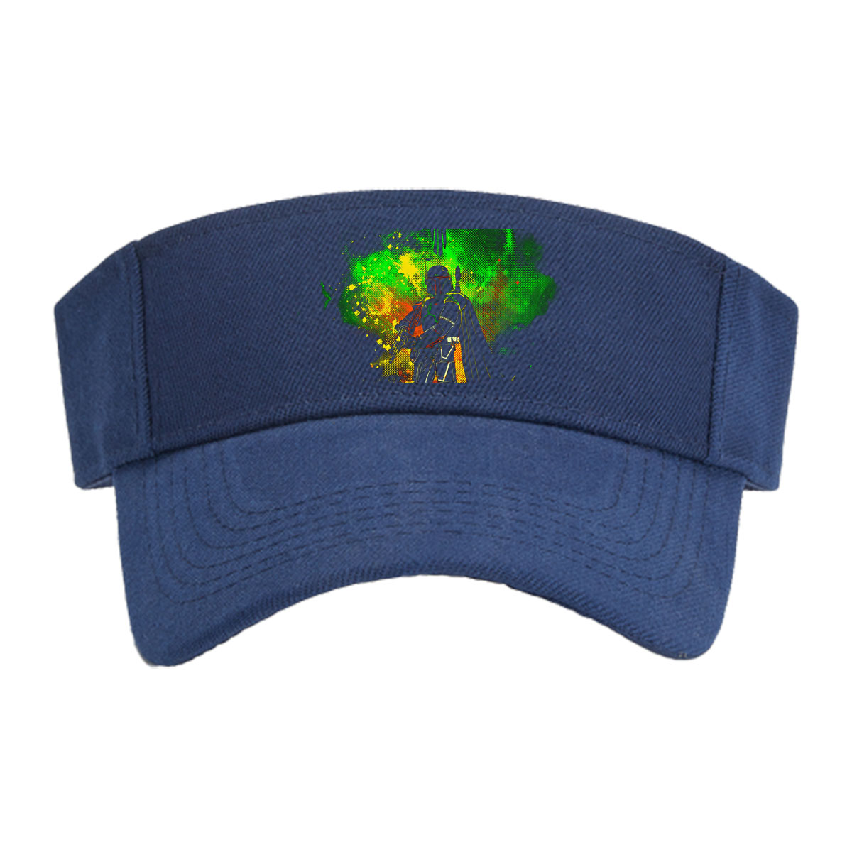 Din Djarin, The Mandalorian, stands in silhouette against a vibrant green and yellow cosmic backdrop, with the iconic Mandalorian symbol above. -  Visor cap