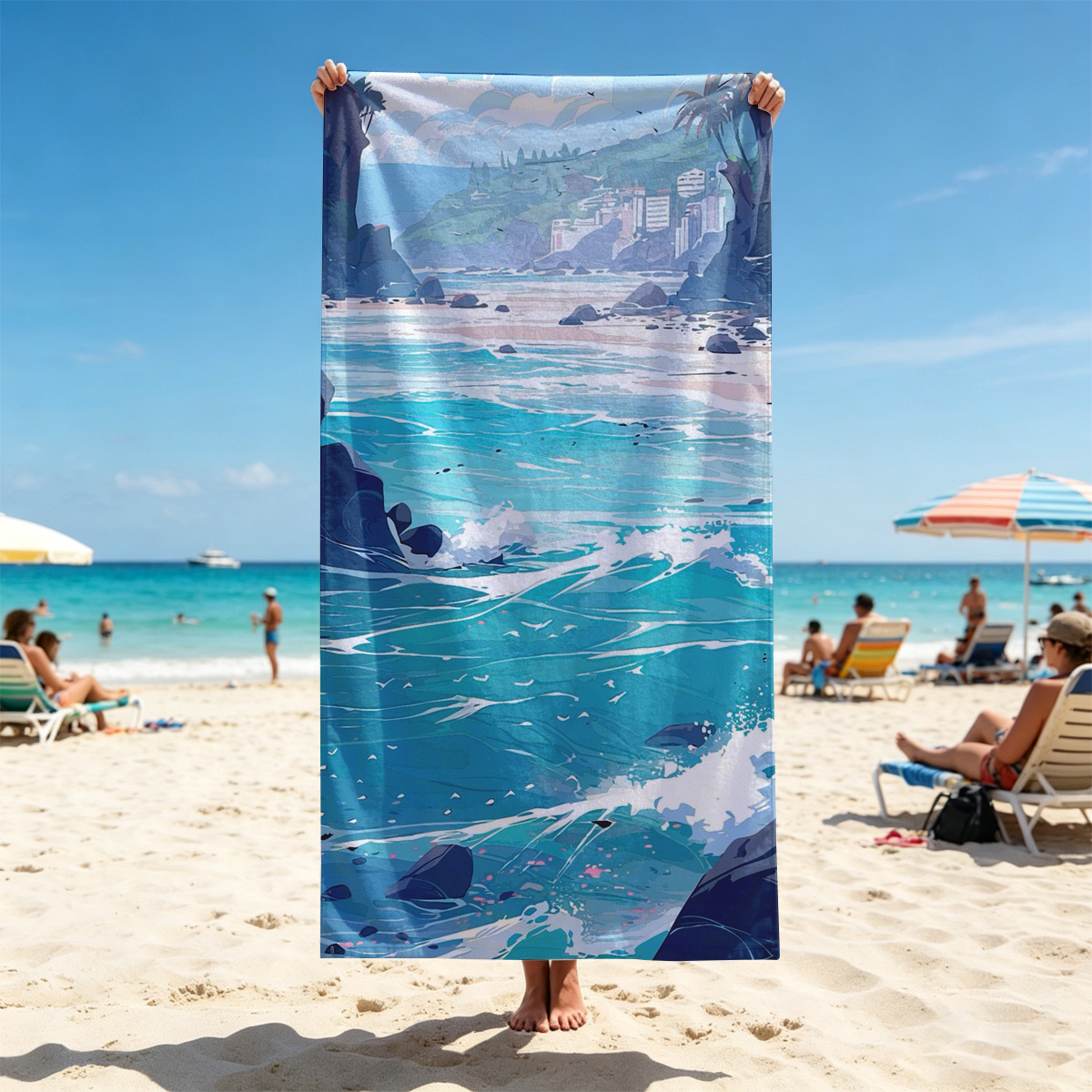 Turquoise waves crash on a rocky beach with distant city skyline and lush green hills under a bright sky. - Beach towels