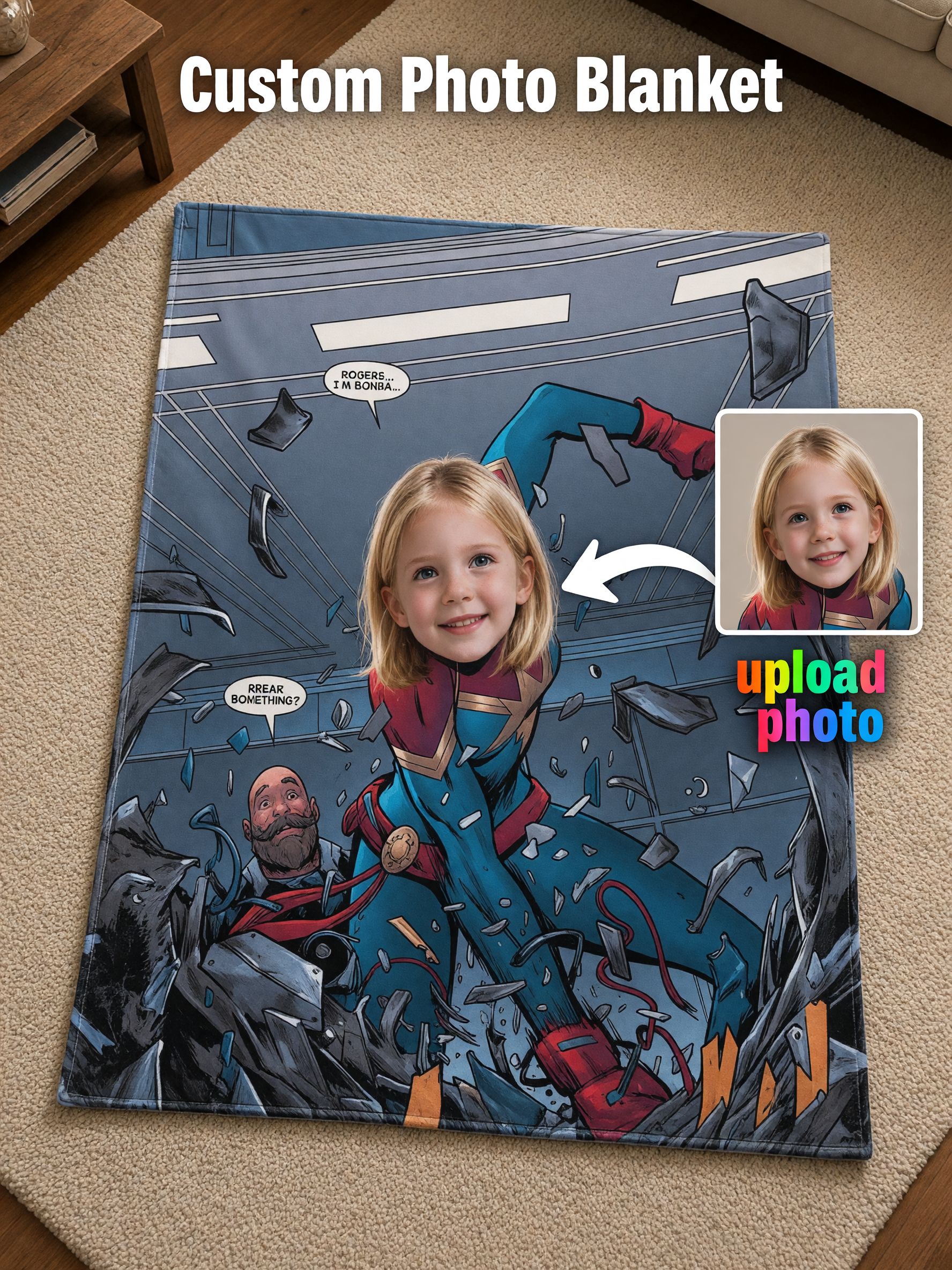Custom Face Blanket Personalized Superhero Comic Flannel Throw Blanket for Kids Adults, Ideal Cozy Photo Gift