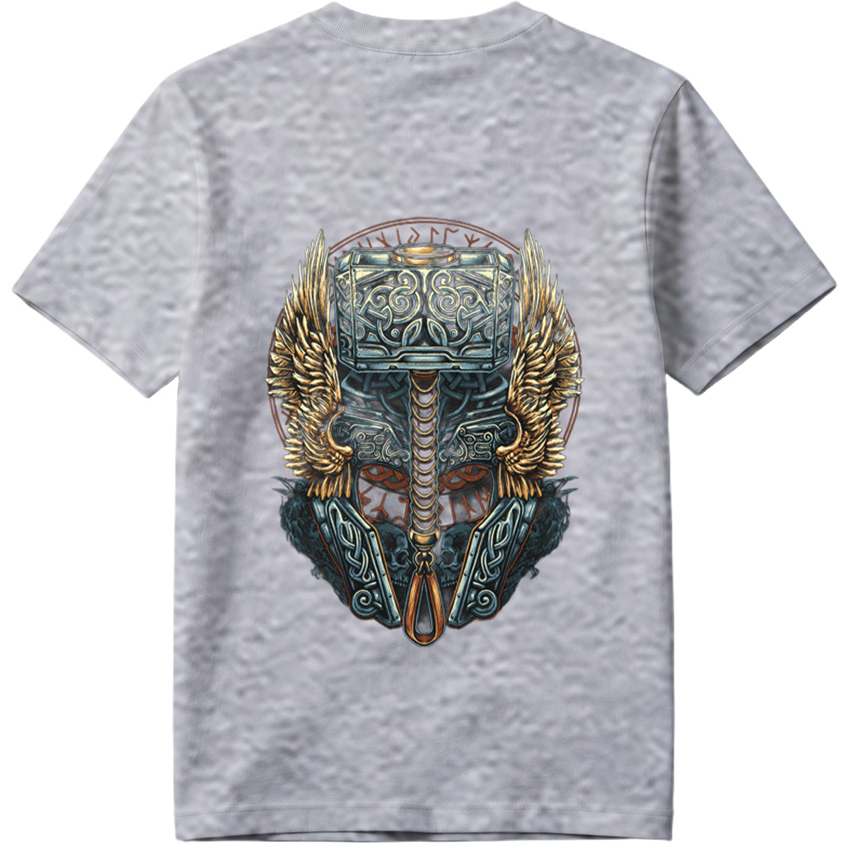 Thor's Hammer Mjolnir with Norse Symbols and Wings - Tee