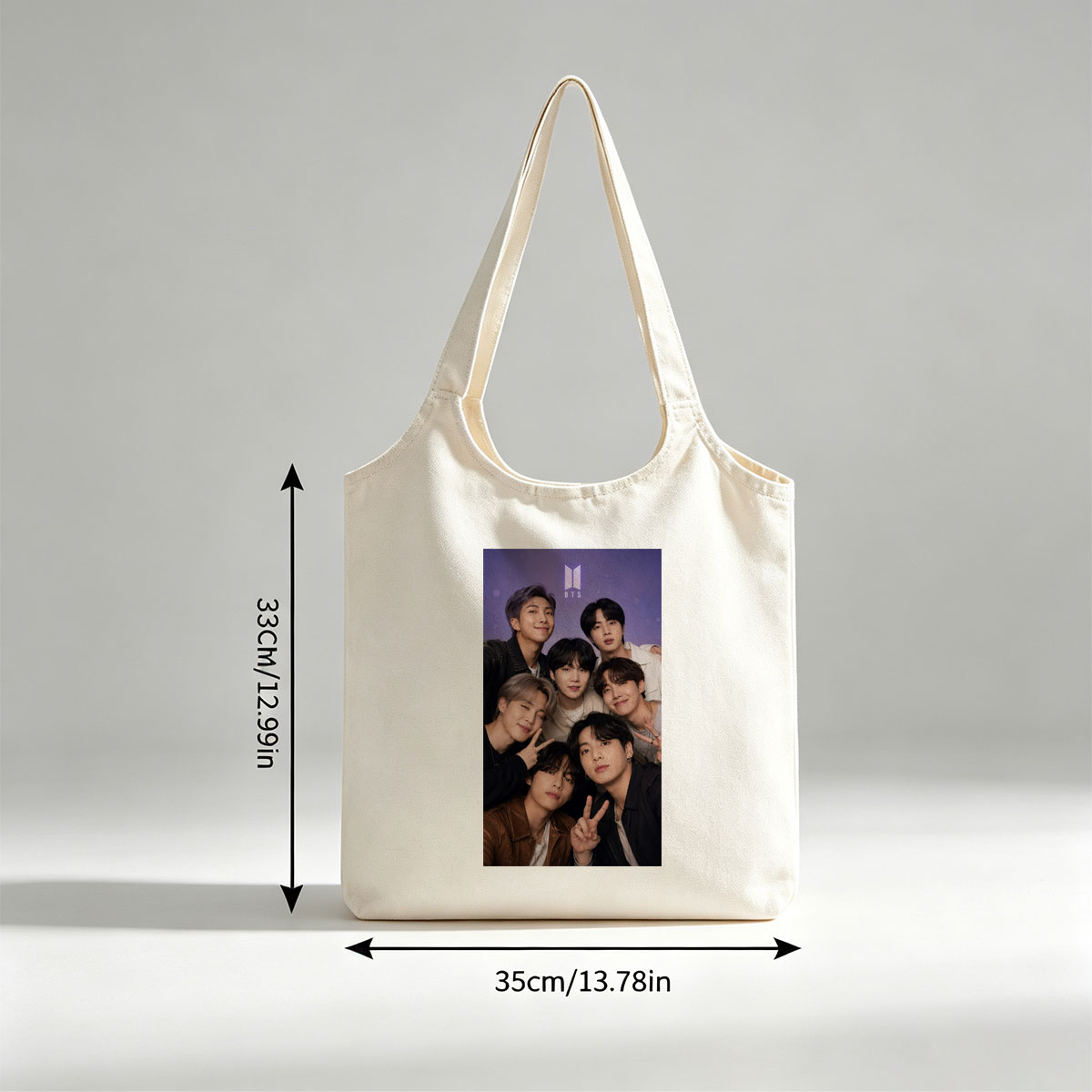 BTS Group Photo - Seven Members Posing Together with Peace Signs and Smiles Against Purple Background - Canvas shoulder bags/