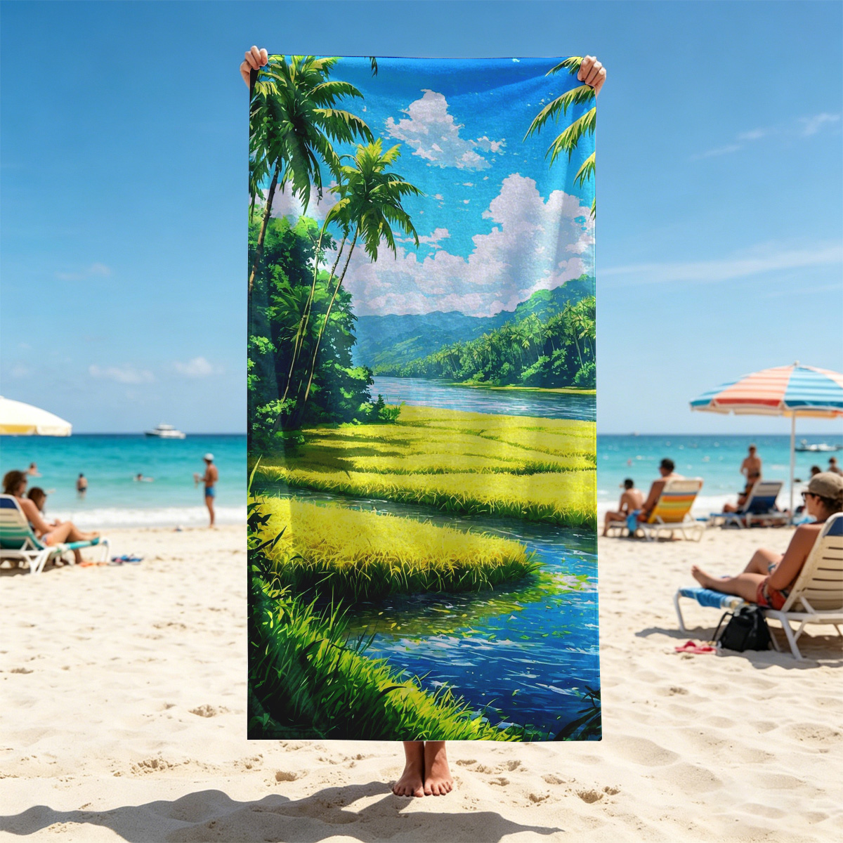 Tropical River Landscape with Lush Greenery and Palm Trees - Beach towels