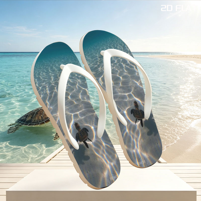 Sea turtle swimming over sandy ocean floor with sunlit ripples -  flip-flops