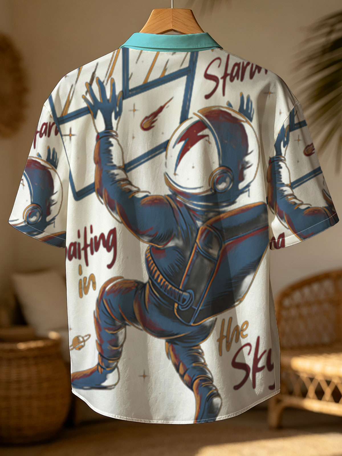 Starman in Space: Astronaut Reaching for Window, Cosmic Scene with Planets and Stars -  Shirt
