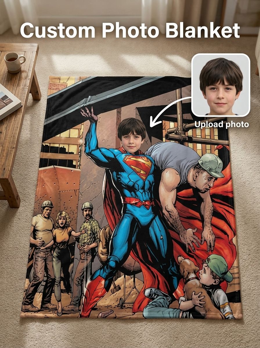 Custom Photo Superhero Flannel Blanket, Personalized Comic Hero Throw, Cozy Soft Keepsake Gift for Kids and Adults
