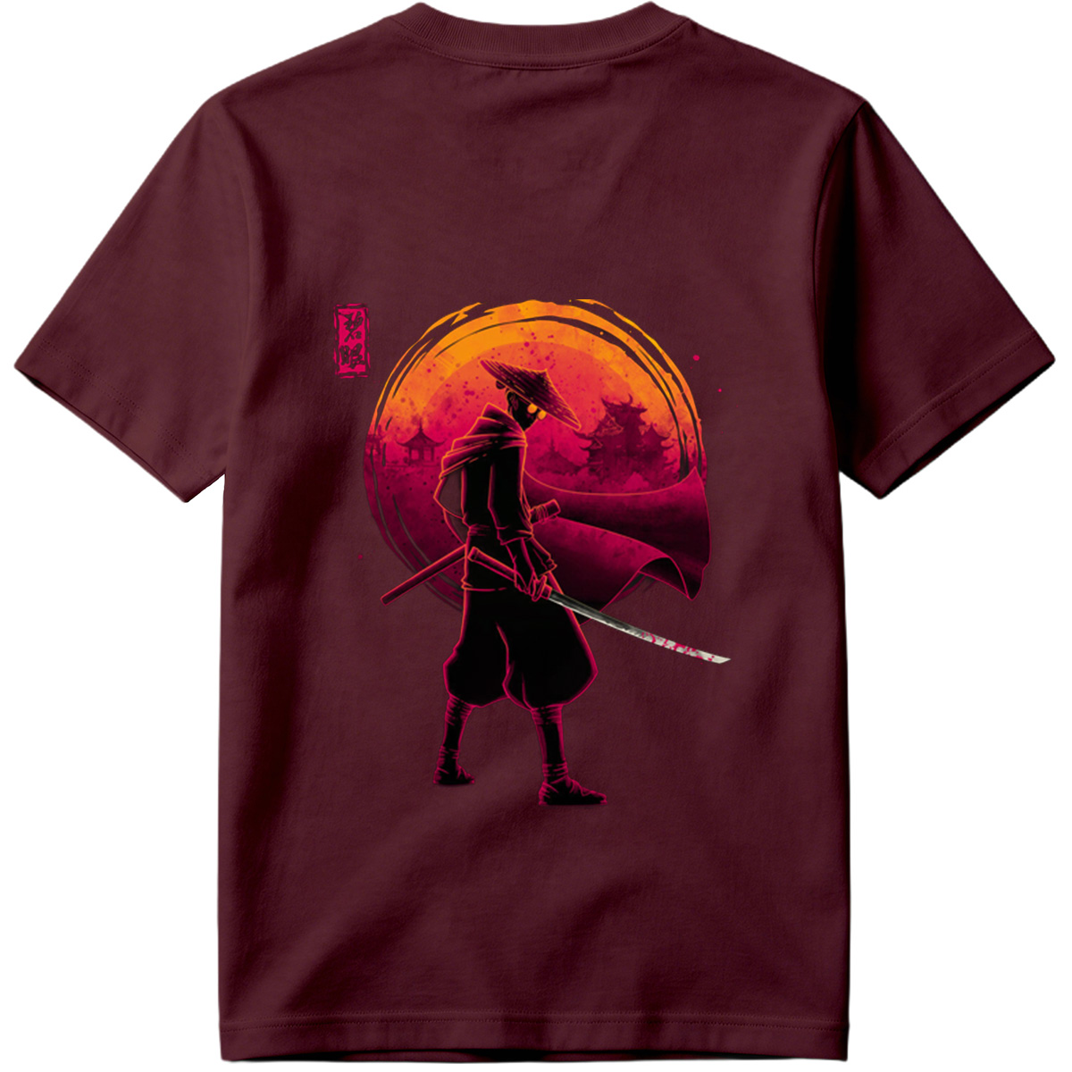 Samurai Warrior with Bloodied Sword Against Crimson Moon - Tee