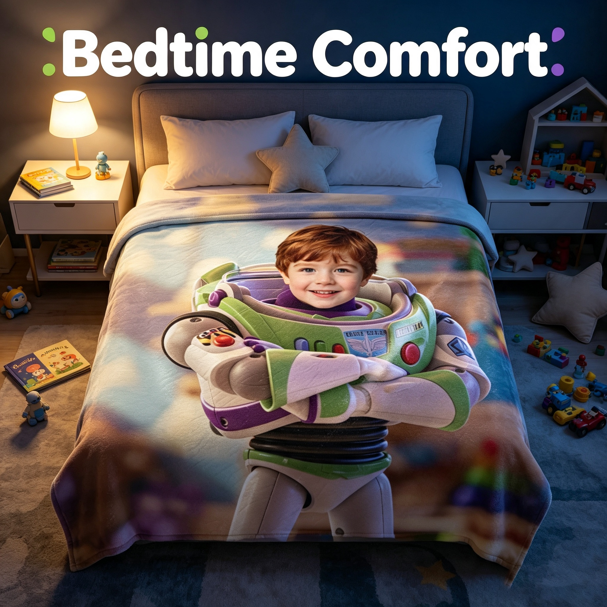Personalized Buzz Lightyear Custom Photo Blanket, Upload Kid Portrait Toy Story Fleece Throw Blanket, 280GSM Soft Warm Flannel Blanket, Unique Birthday Gift for Boys Kids Bedroom Sofa Travel