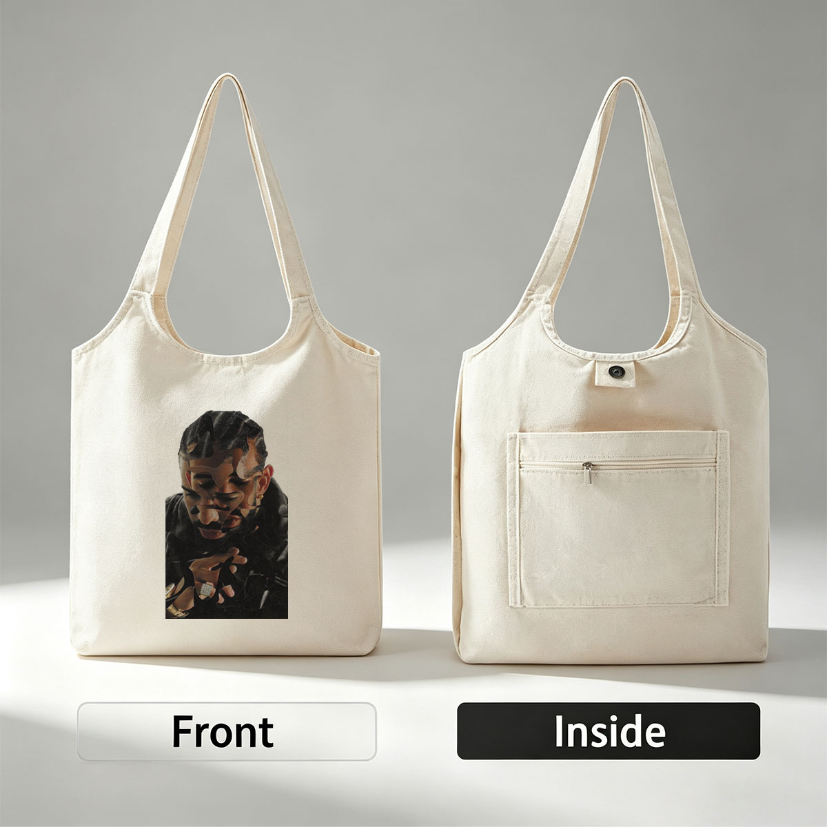 Drake in a Stylish Pose with Camouflage Overlay Effect - Canvas shoulder bags/
