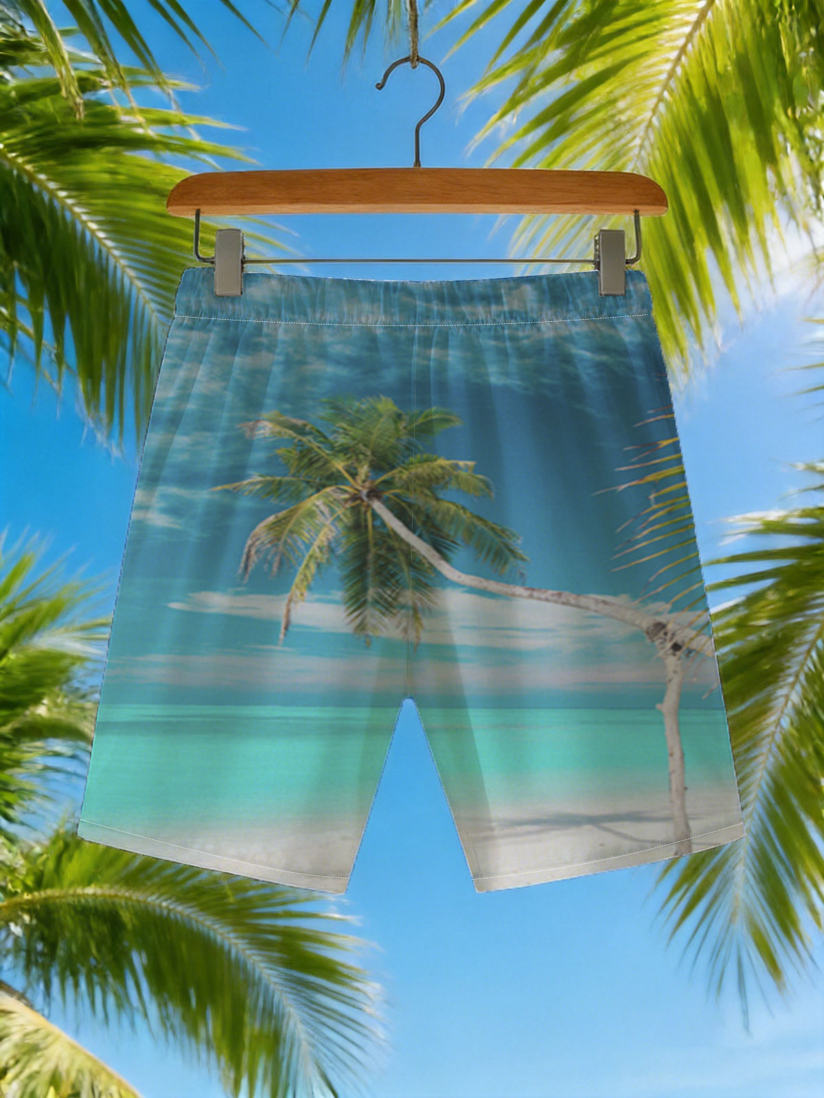 Tropical beach with palm tree and turquoise water -  Beach shorts