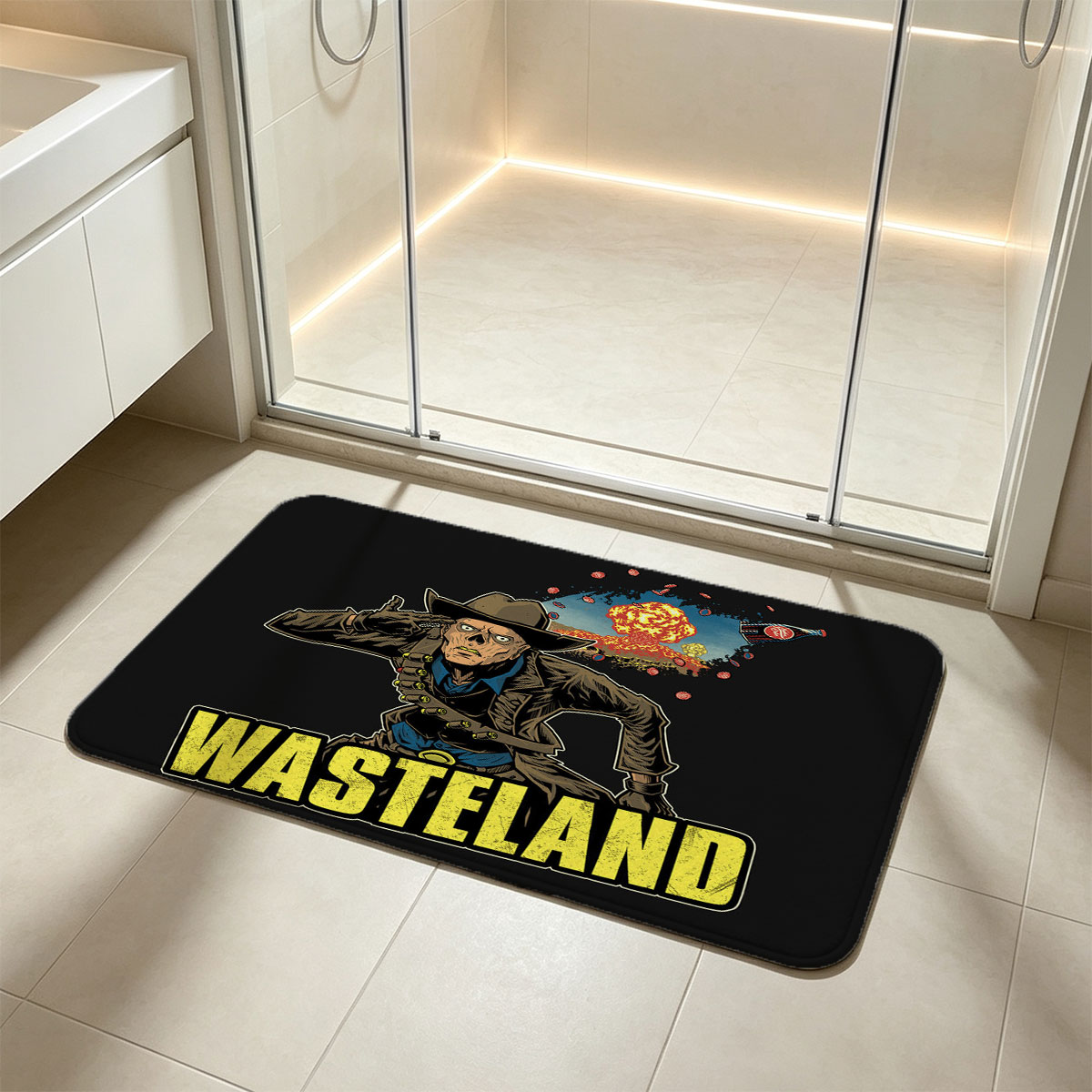 Wasteland: Cowboy in Post-Apocalyptic Desert with Explosion and Bottle - Flannel floor mat