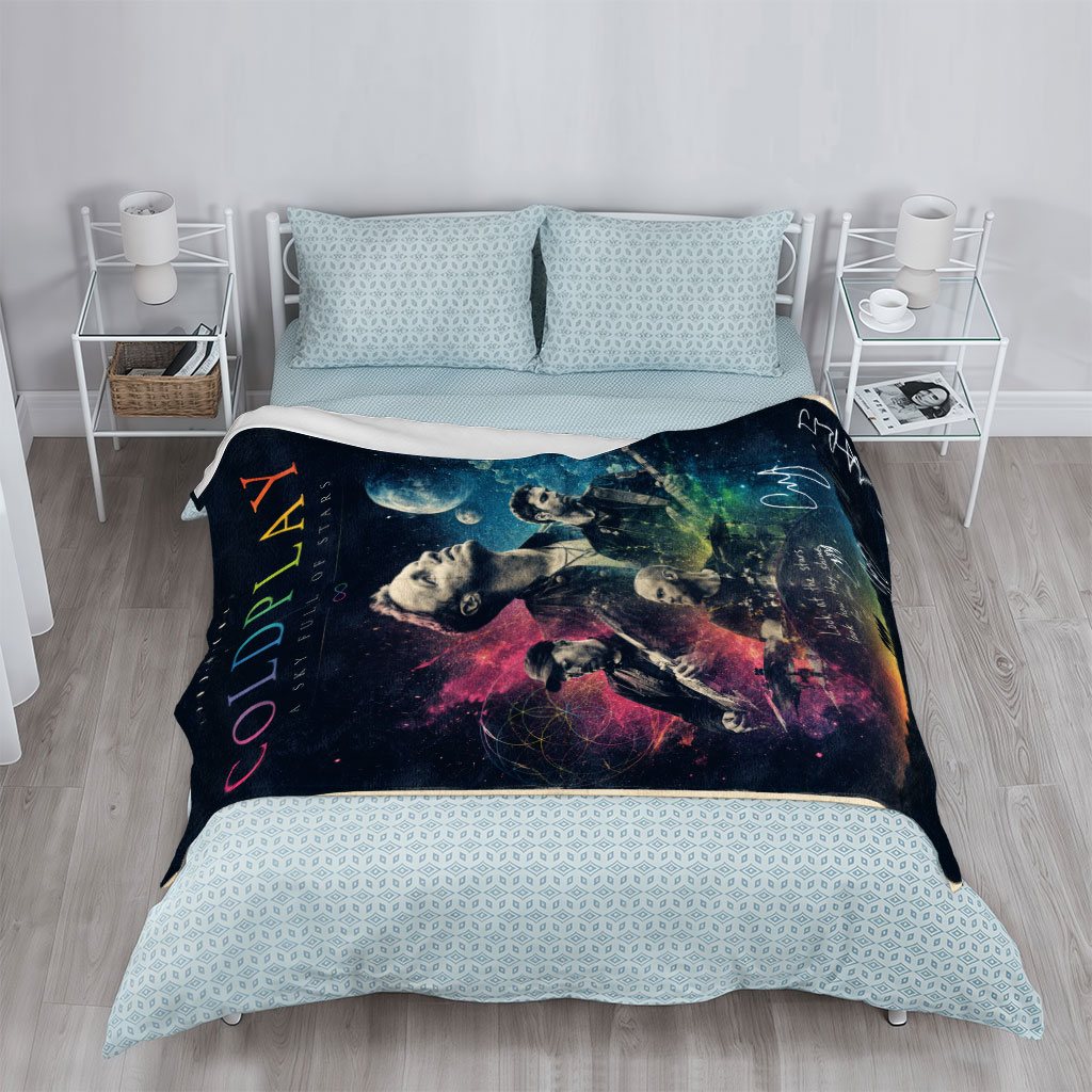 Coldplay Band in Cosmic Scene with Stars and Planets Background Poster - Blankets