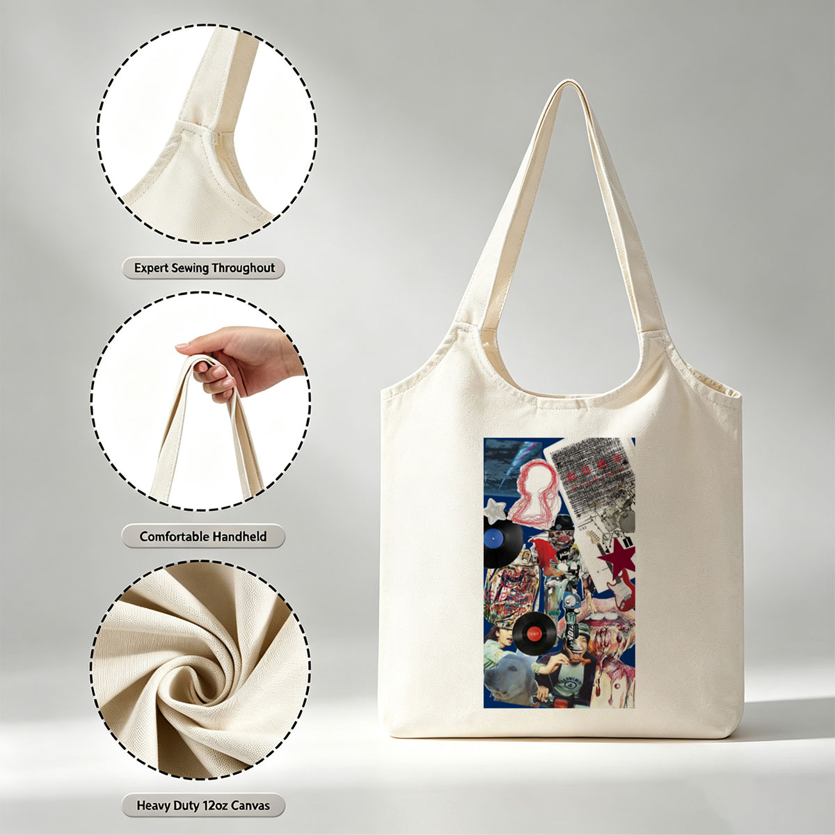 BTS Music Collage Featuring Vinyl Records, Guitars, and Artistic Elements - Canvas shoulder bags/