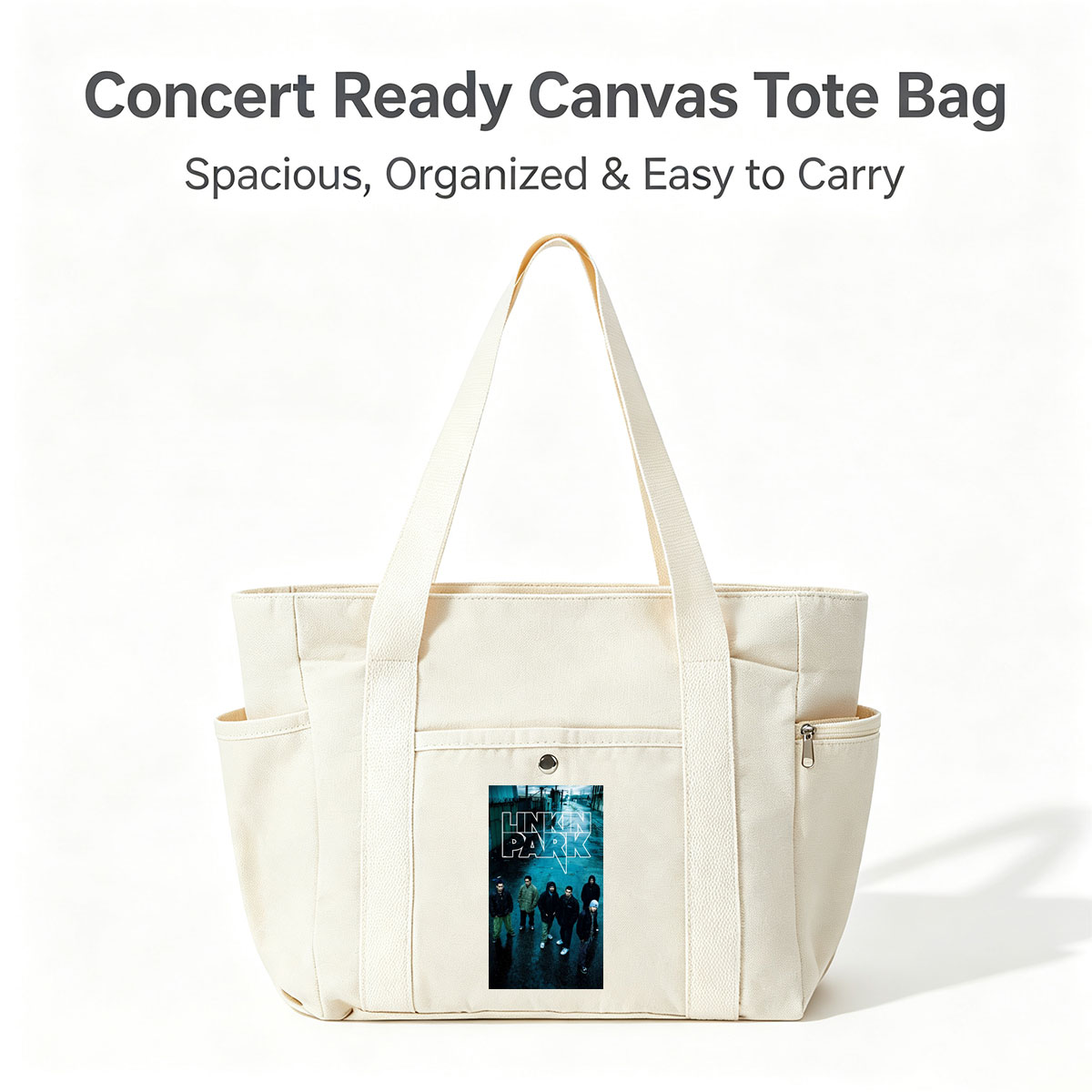 Linkin Park Band Standing in a Rainy Industrial Alleyway with Bold Logo Overlay - Multi-pocket bags