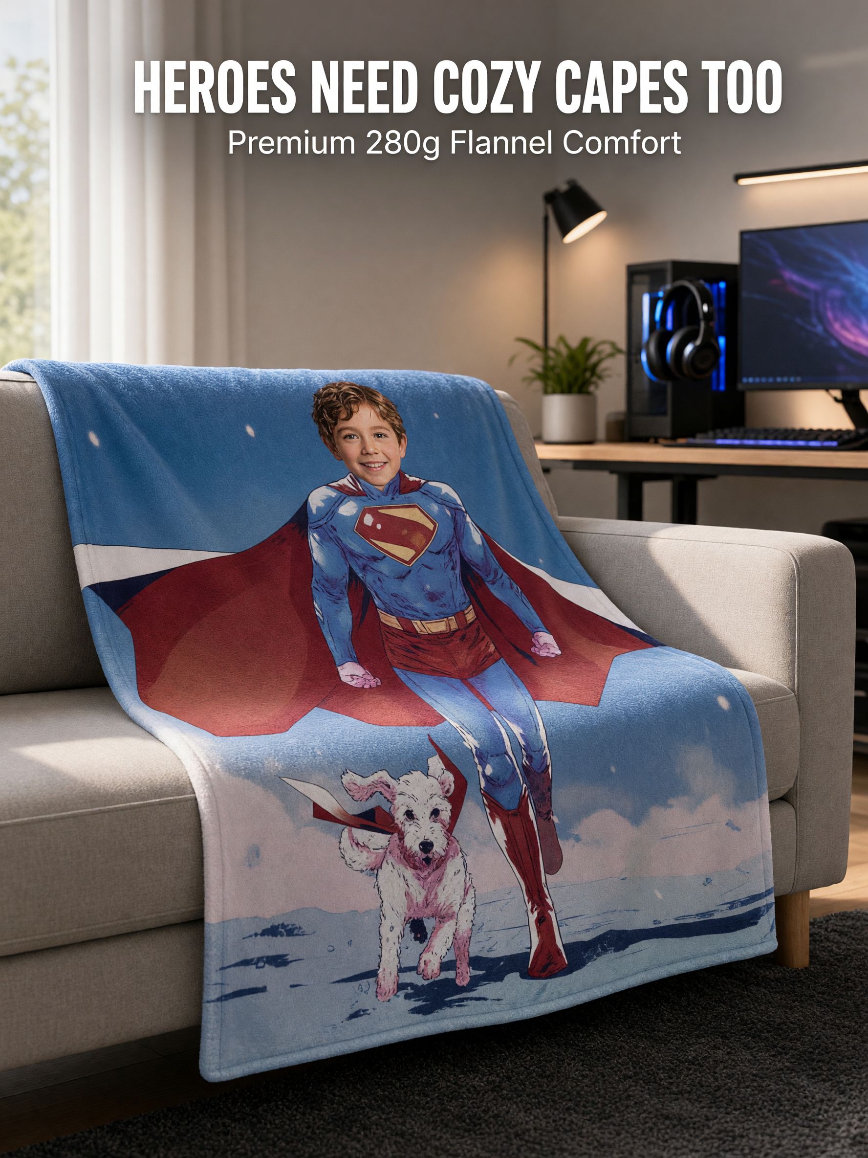 Custom Face Superhero Flannel Fleece Blanket, Personalized Photo Throw for Kids, Ultra Soft Anti-Pilling Cozy Bed Gift