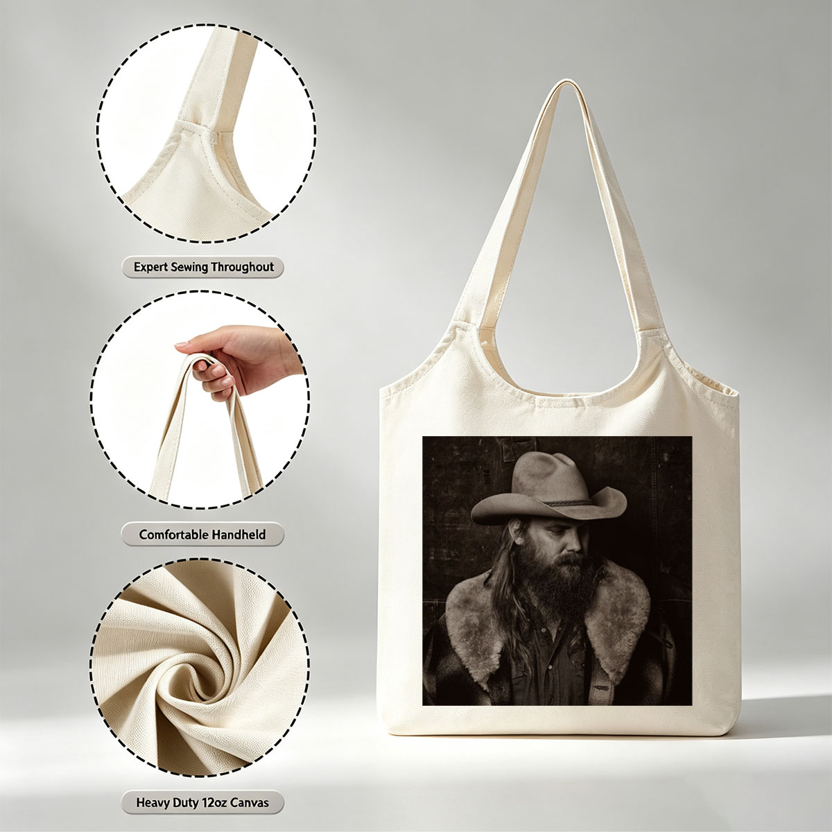 Chris Stapleton in a Cowboy Hat and Fur-Collared Jacket, Gazing Thoughtfully in a Monochrome Portrait - Canvas shoulder bags/