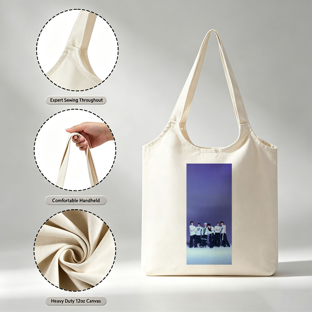 ENHYPEN Group Photo in Stylish White and Black Outfits Against a Purple Gradient Background - Canvas shoulder bags/