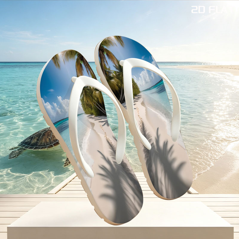 Tropical Beach with Palm Shadows and Crystal Clear Water -  flip-flops