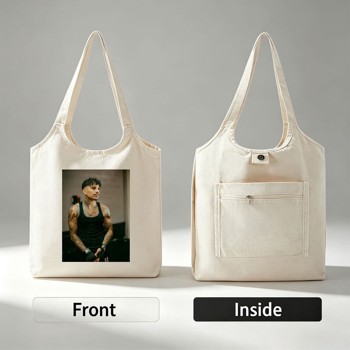 Bad Bunny in Workout Gear with Tattoos and Boxing Wraps - Canvas shoulder bags/
