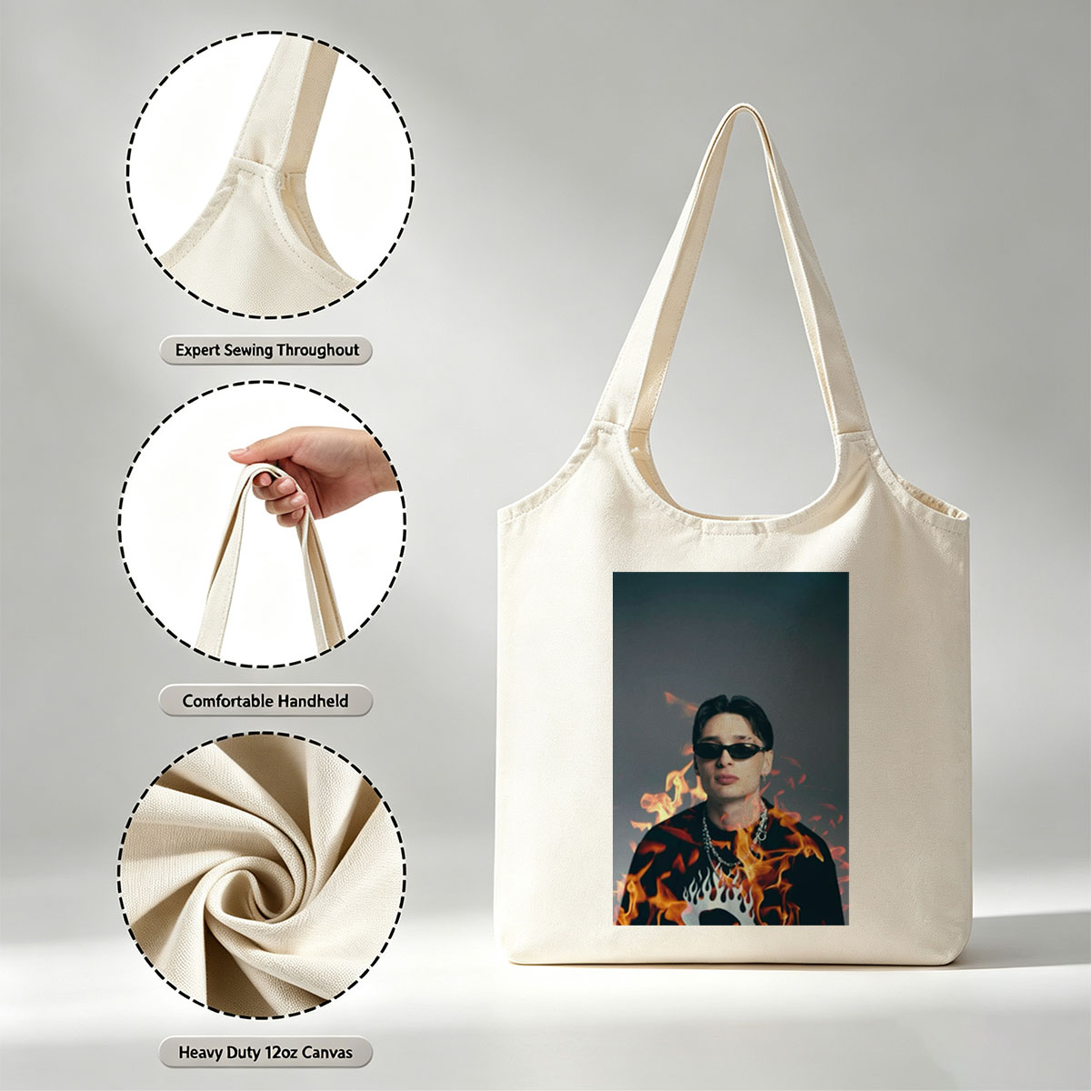 BTS Jungkook in Fiery Pose with Flames Surrounding Him - Canvas shoulder bags/