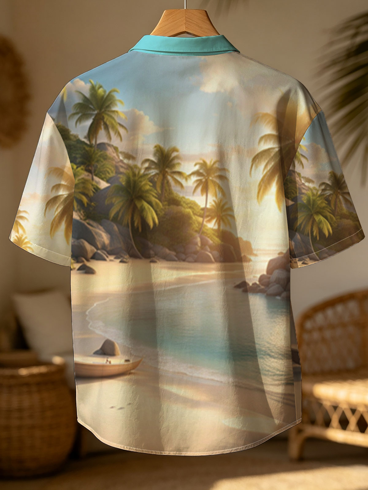 Serene Tropical Beach at Sunset with Palm Trees and Calm Waters -  Shirt