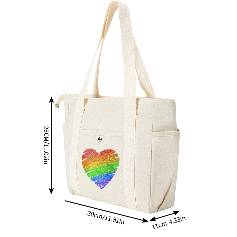 Multi Pocket Bag Cream White Rainbow Heart Glitter Print Design Multi Pocket Bag Cream White for Everyday Use, Travel, and Outdoor Activities Suitable for Adults and Teens Who Love Fashion and Pride Expressions