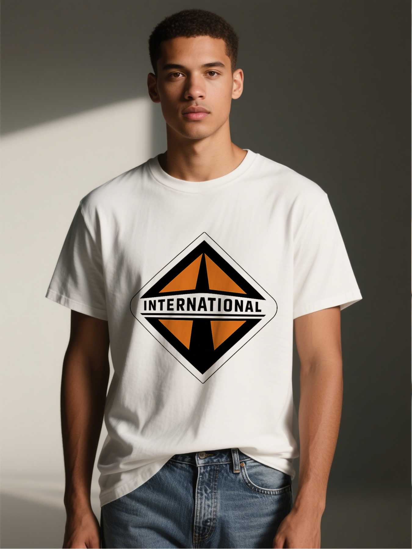 Men's Printed T-Shirt with Geometric Orange Diamond Design and 