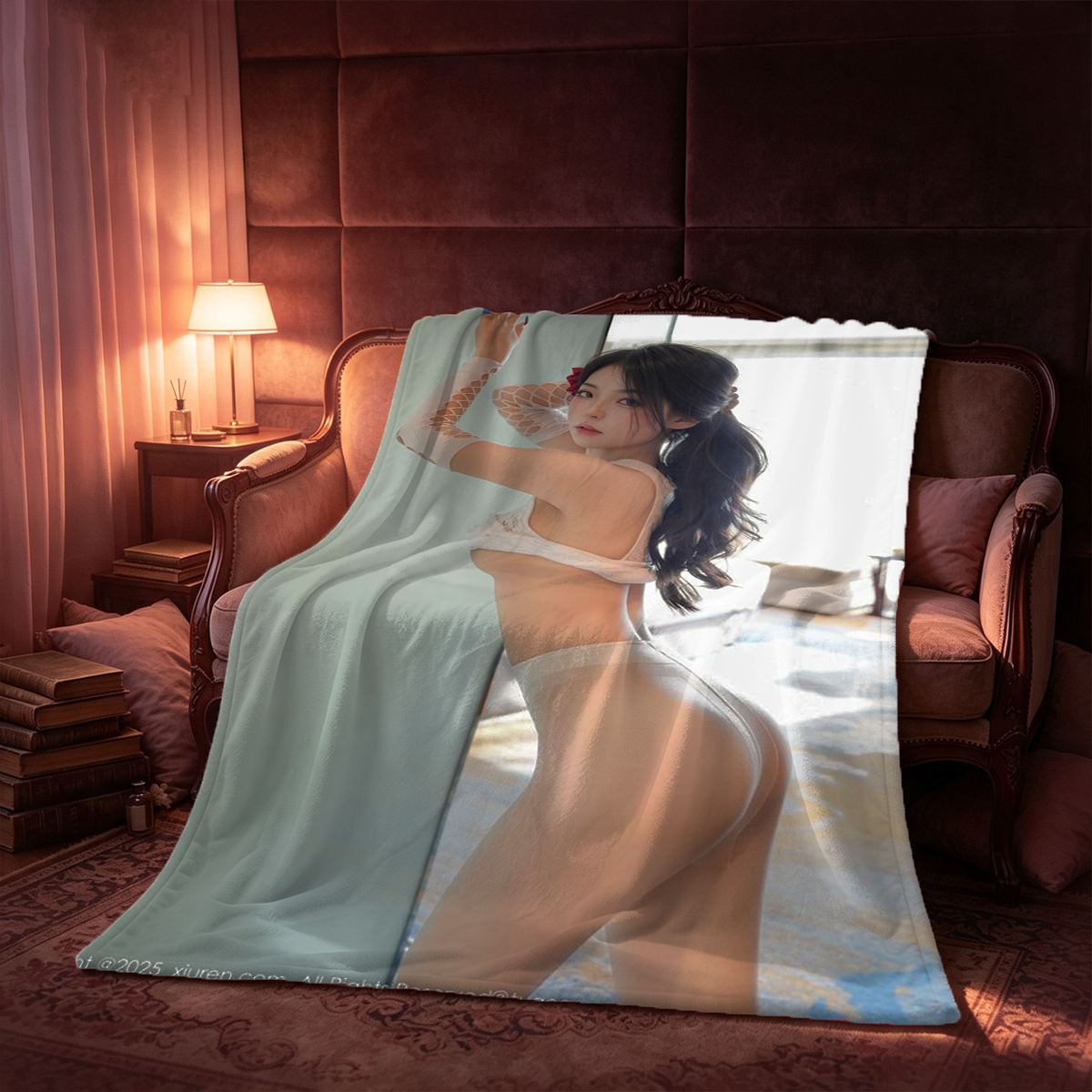 Emma Watson in black bodysuit and fishnet stockings kneeling on bed. - Blanket