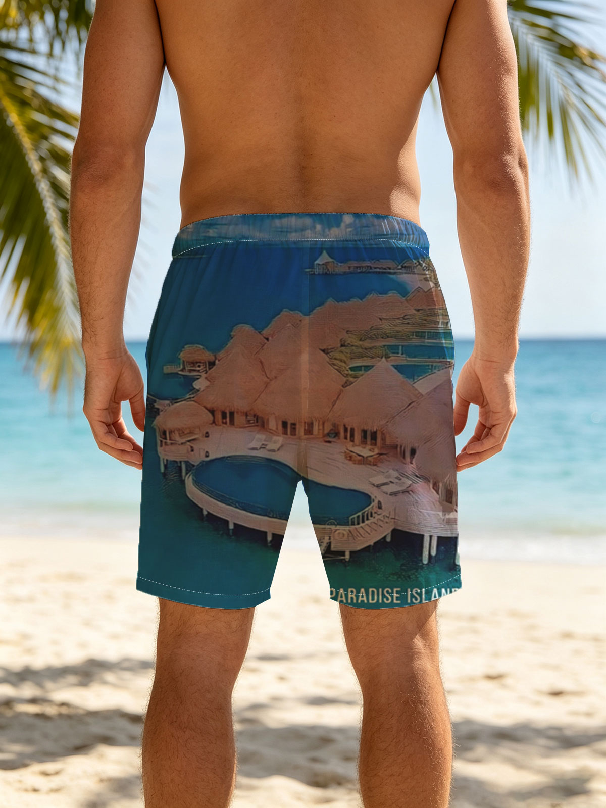 Overwater bungalows with private pools on a tropical island, surrounded by crystal blue waters and lush greenery. -  Beach shorts