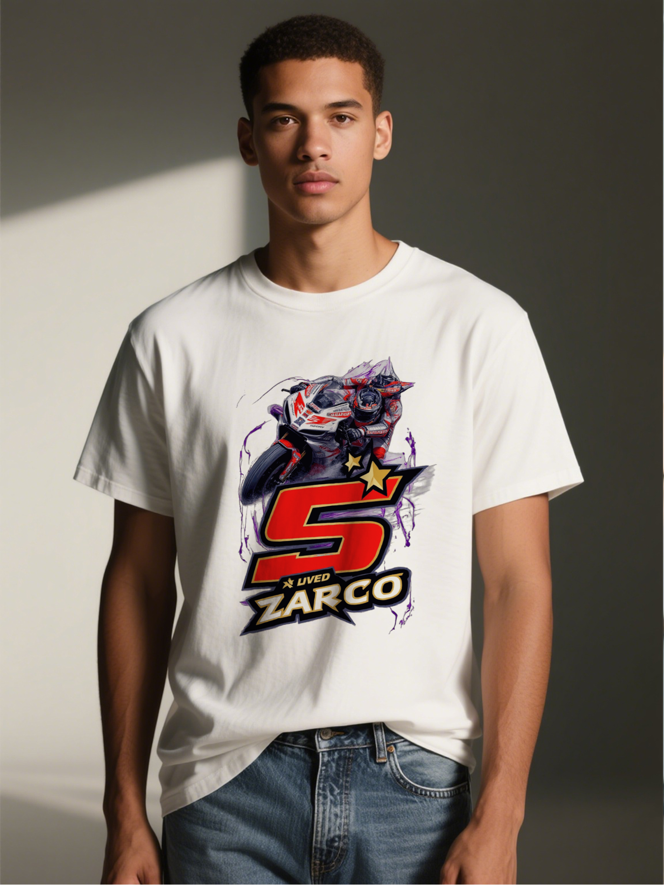Men's Printed T-Shirt Featuring Motorcycle Racing Graphic with Number 5 and 