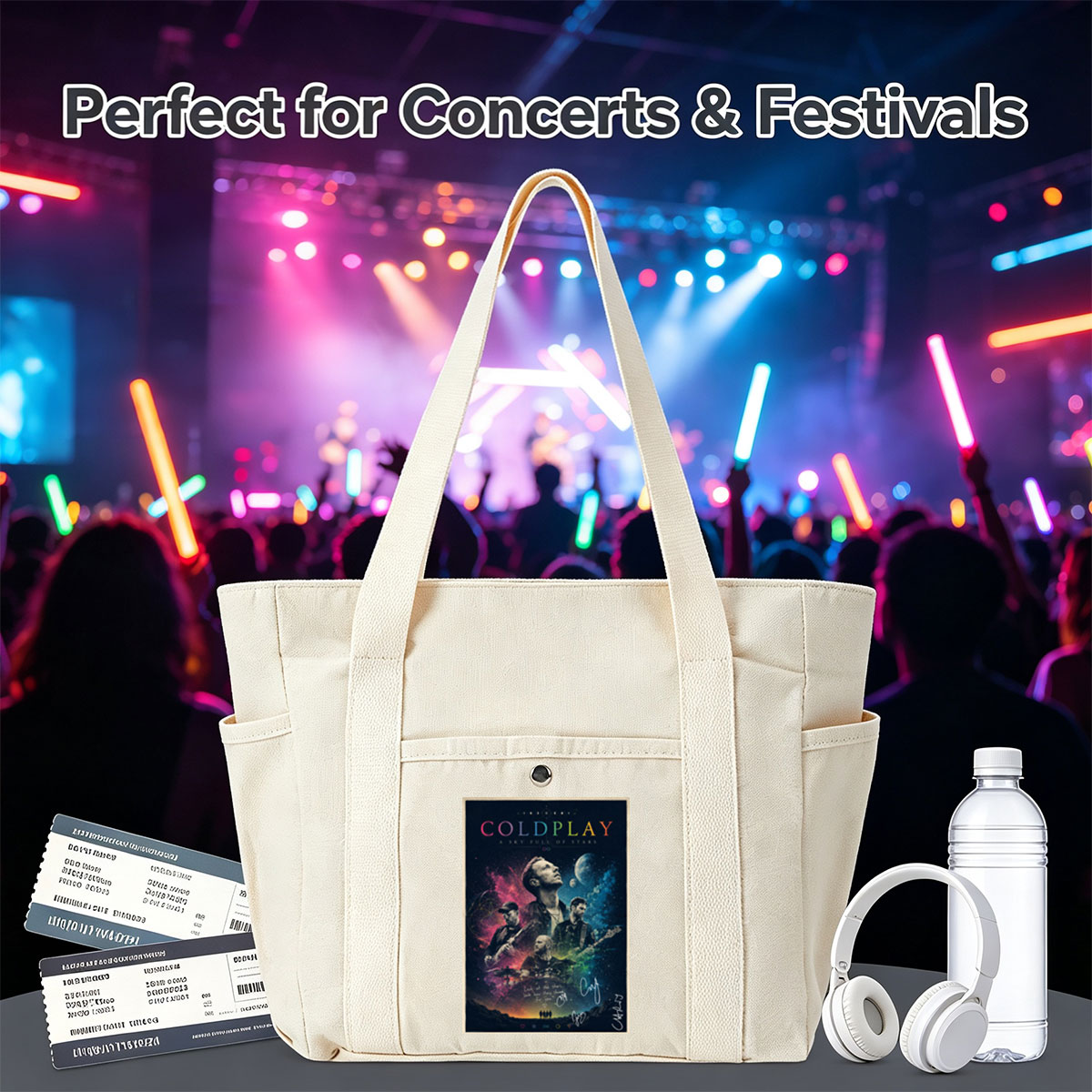 Coldplay Band in Cosmic Scene with Stars and Planets Background Poster - Multi-pocket bags