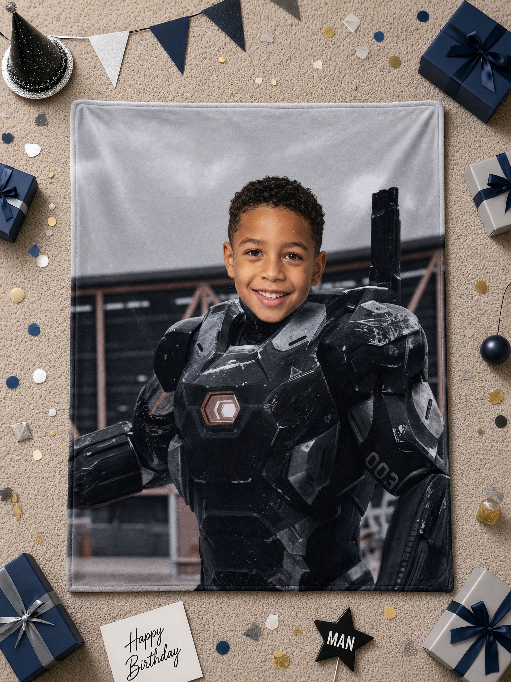 Custom Photo Face Flannel Blanket, Personalized Superhero Armor Plush Throw, Ideal Cozy Gift for Kids and Family