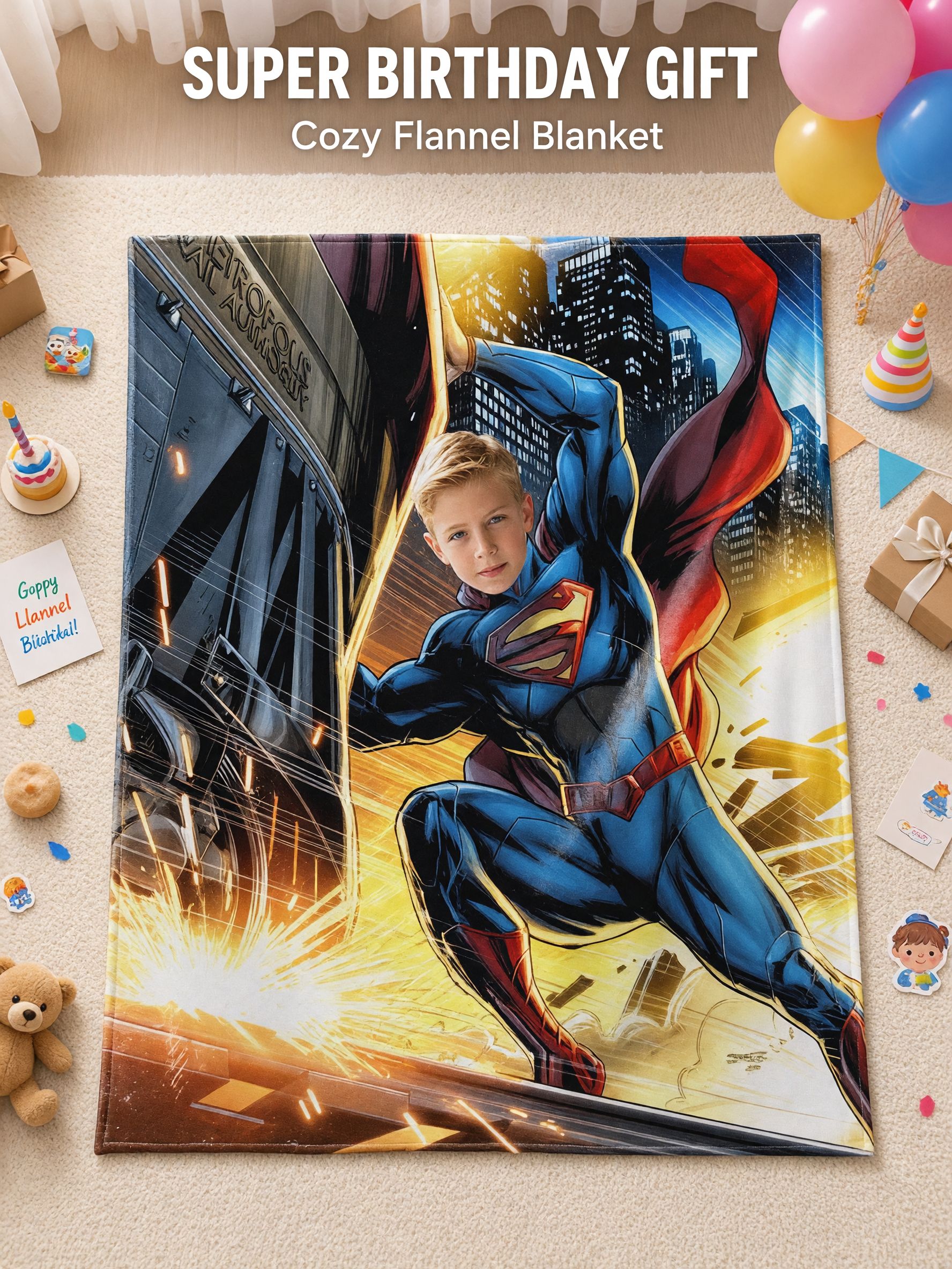 Custom Superhero Face Blanket Personalized Photo Flannel Throw Soft Anti-Pilling Fleece Bed Blanket for Kids