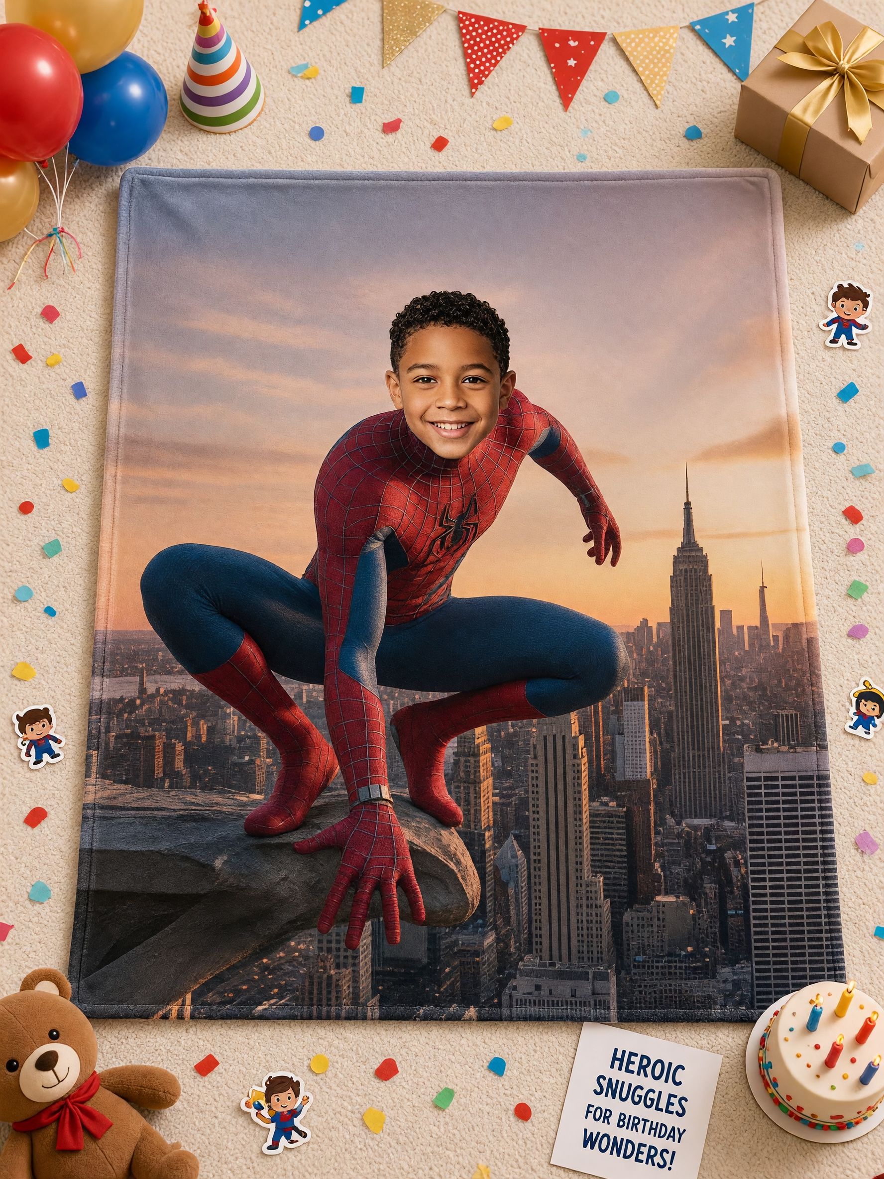 Custom Face Photo Superhero Flannel Throw Blanket Personalized City Hero Ultra Soft Cozy Bed Couch Fleece Gift for Kids