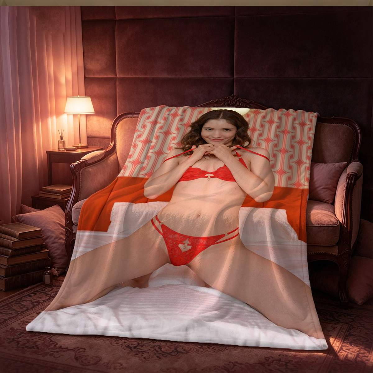 Two nude women kissing passionately on a couch. - Blanket