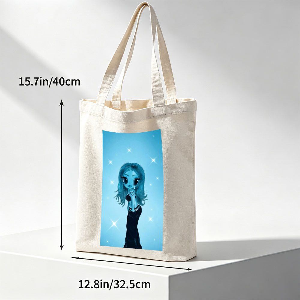 Aqua Blue Anime Girl in Black Dress with Heart Tattoo on Starry Background - Canvas tote bags