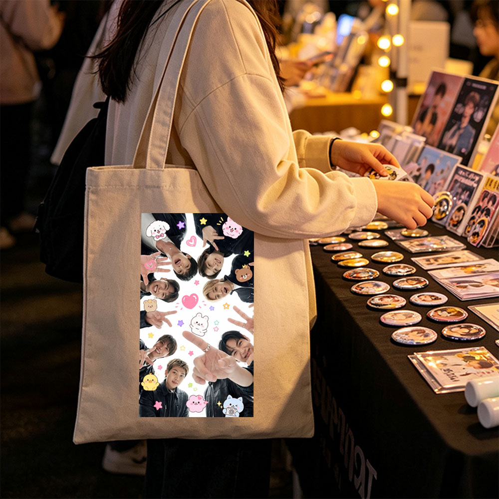 BTS Members in a Circle with Cute Stickers and Peace Signs - Canvas tote bags