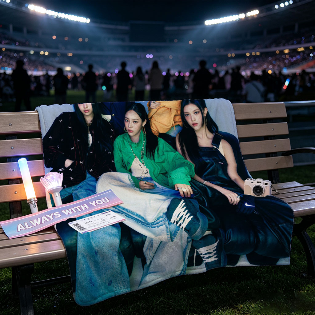 NewJeans Group Photo - Five Members in Stylish Outfits Posed Against a Blue Background - Blankets