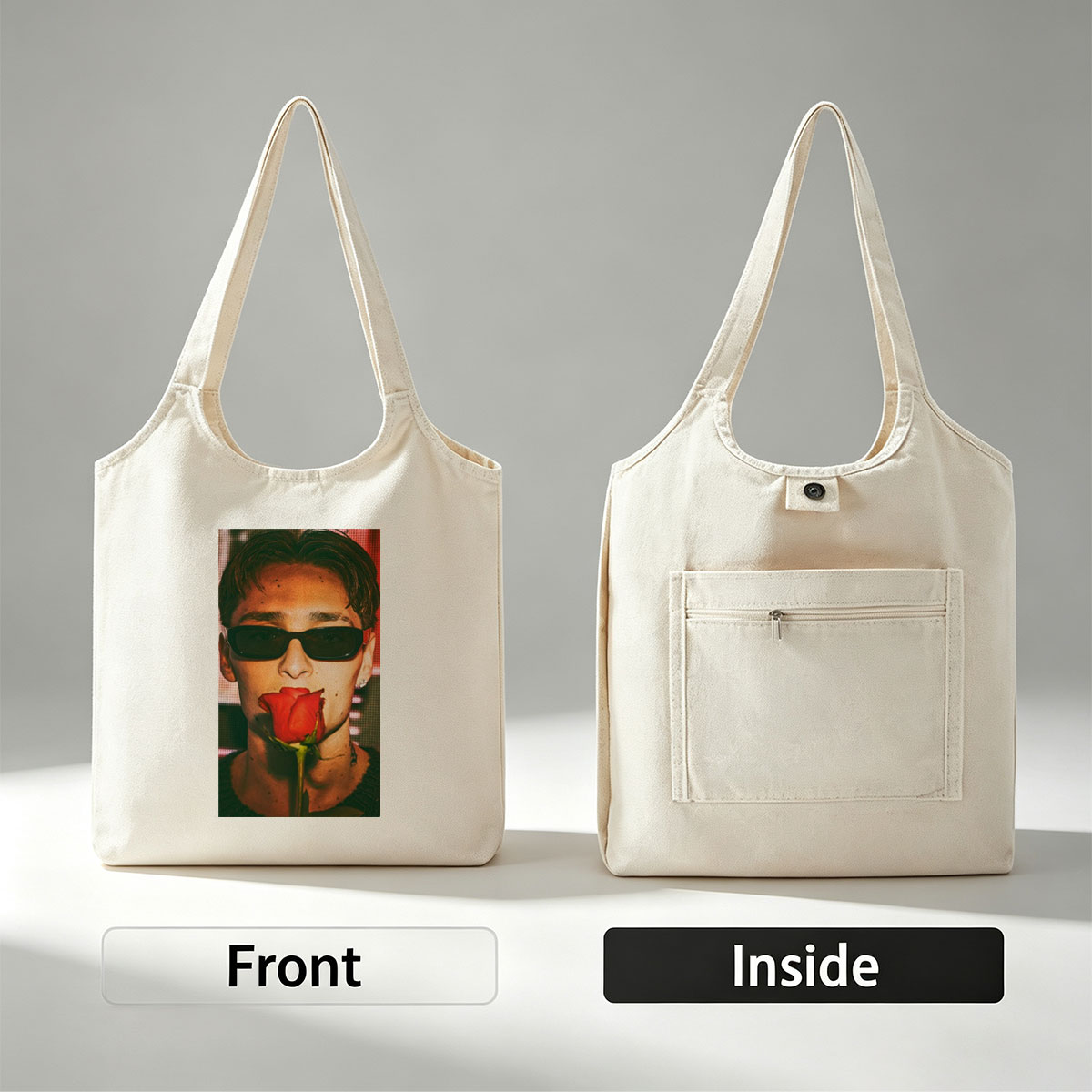 Anwar Hadid Holding a Red Rose with Sunglasses on a Digital Background - Canvas shoulder bags/
