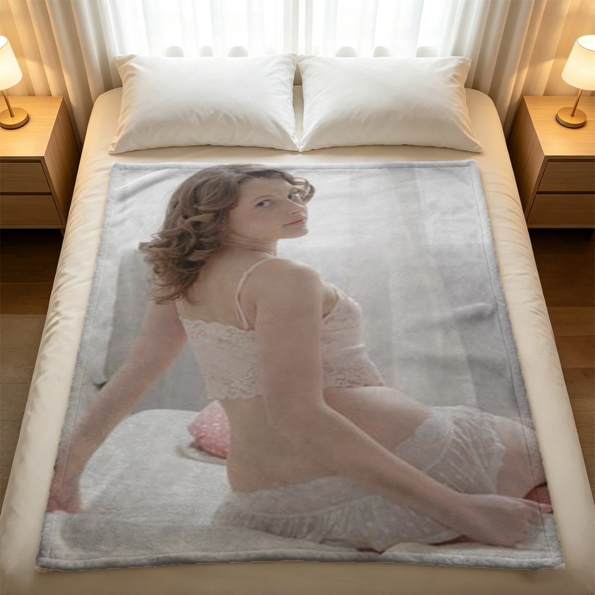 Two Asian women in lingerie on bed, one in white lace kneeling, the other in black dress straddling from behind. - Blanket