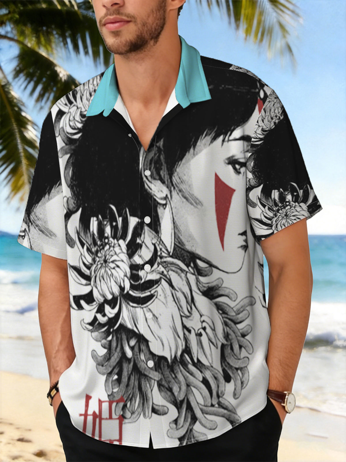 Geisha with Chrysanthemum and Red Accents -  Shirt