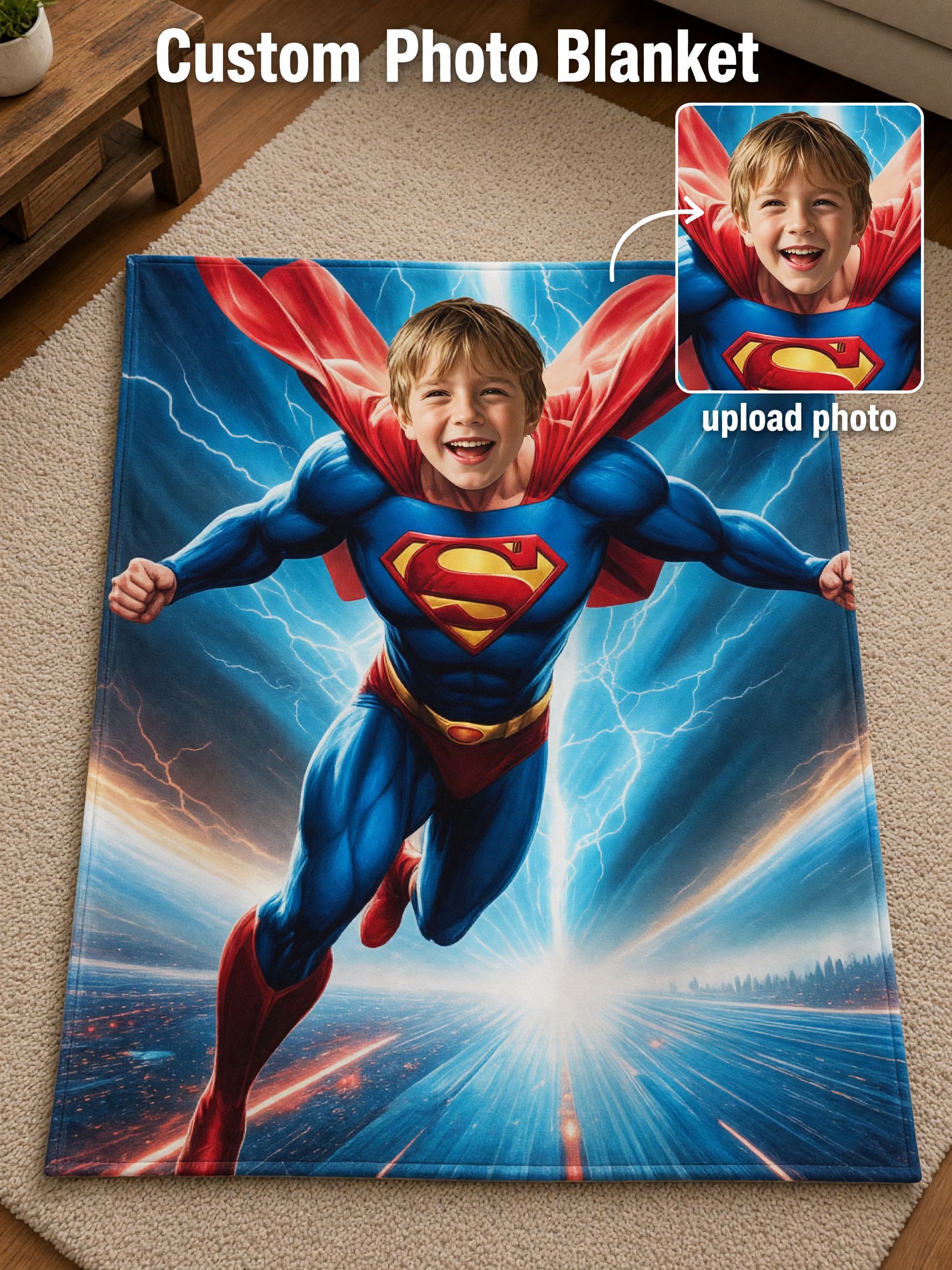 Custom Photo Face Superhero Blanket, Ultra-Soft Flannel Throw, Personalized Cozy Gift for Kids and Family
