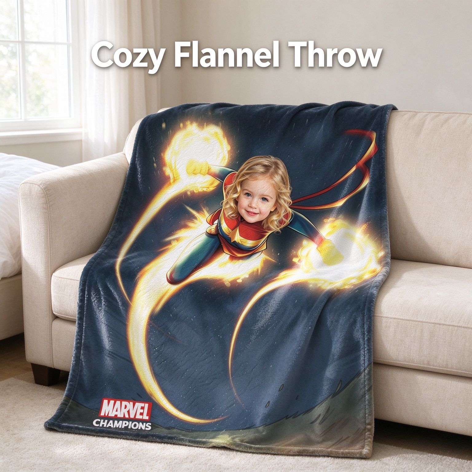 Custom Photo Face Superhero Flannel Throw Blanket, Personalized Ultra Soft Fleece Bed Throw for Kids, Ideal Cozy Gift