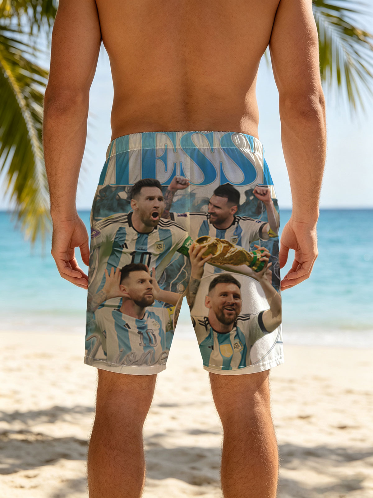 Lionel Messi Celebrates Argentina's Victory with the World Cup Trophy -  Beach shorts