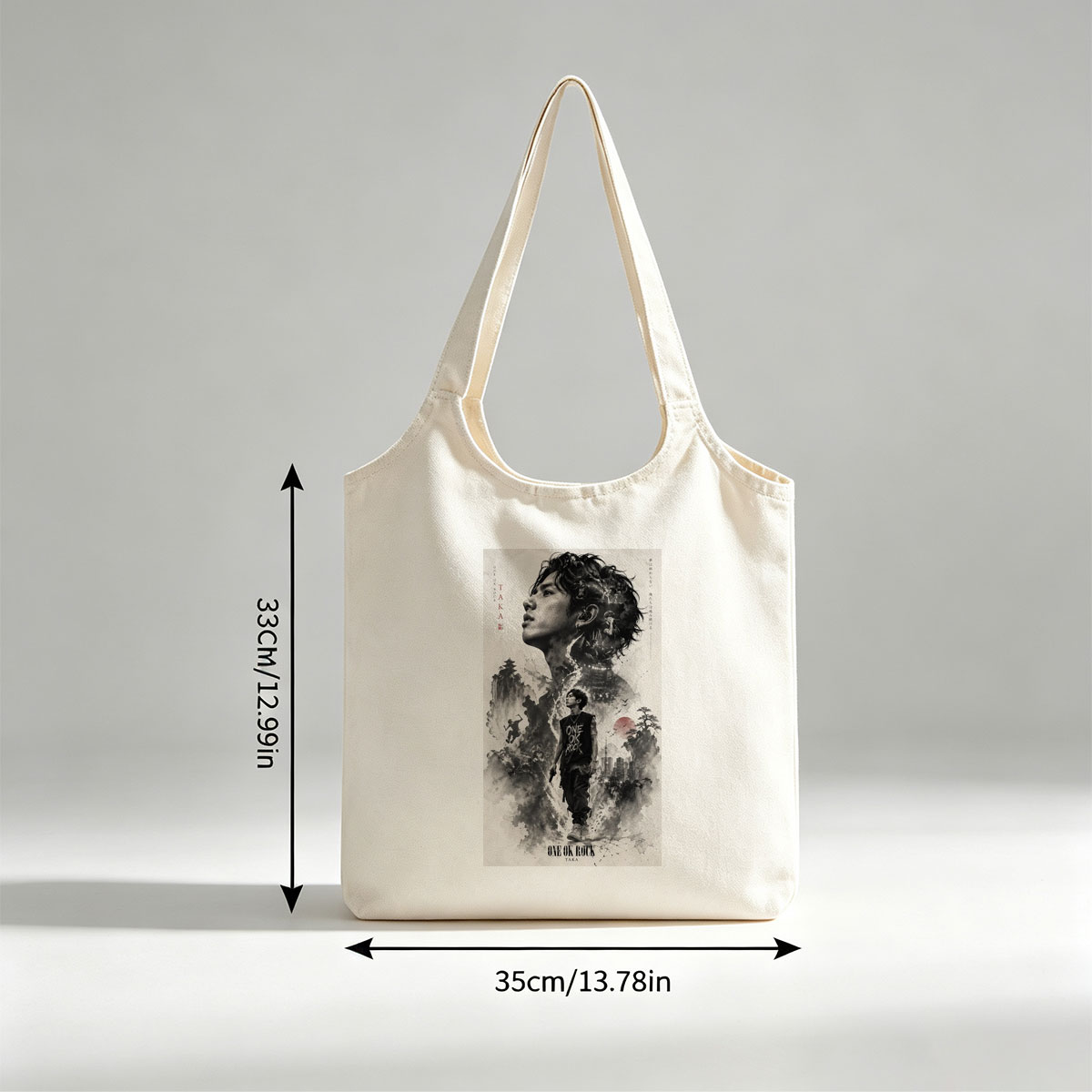 ONE OK ROCK TAKA in a Dramatic Monochrome Portrait with Traditional Japanese Landscape and Urban Elements - Canvas shoulder bags/