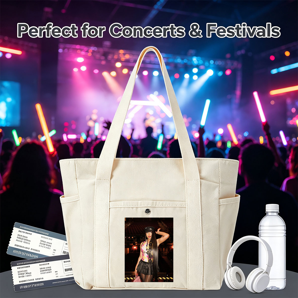 Cardi B in a Bold Outfit at a Concert Venue with Vibrant Lighting and Stage Setup - Multi-pocket bags